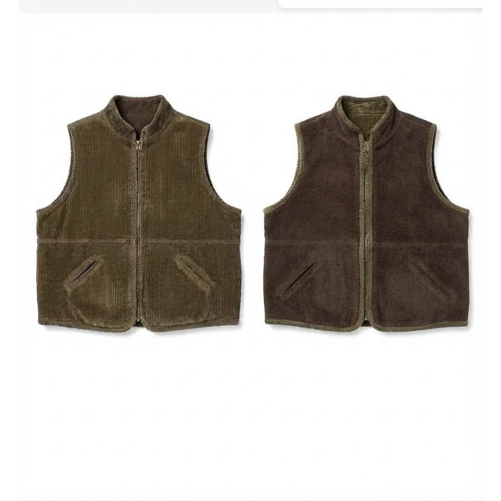 St Johns Bay Reversible Corduroy Fleece Vest Mens XL Olive Green Brown Full Zip